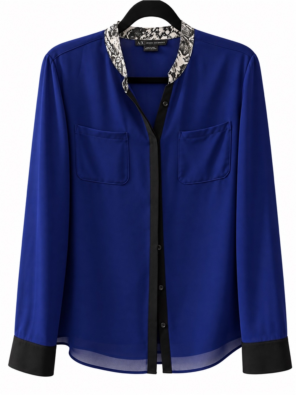 Armani Exchange Royal Blue Button-Down Blouse with Snakeskin Print Accents